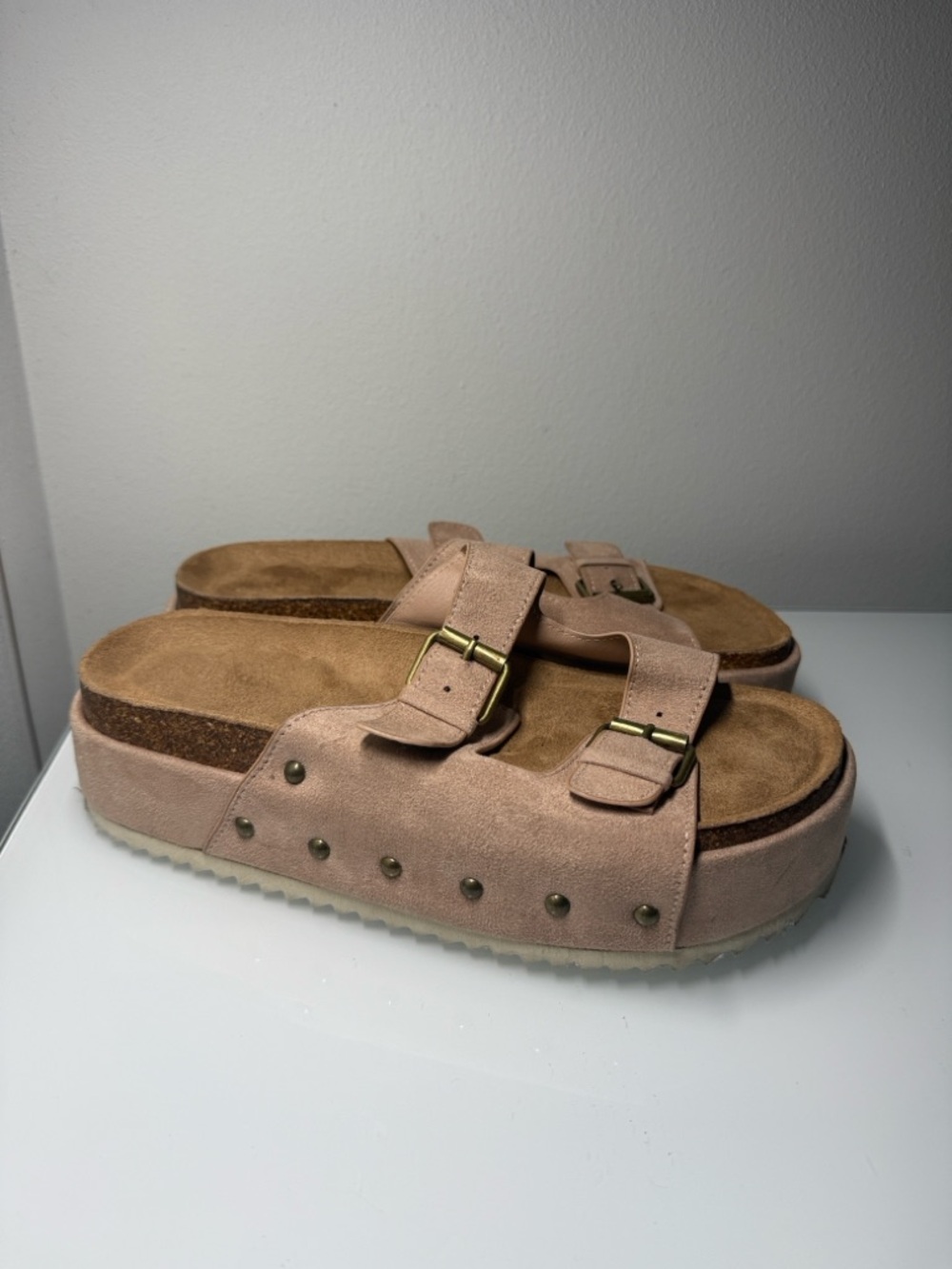 Pink Suede Double-Buckle Platform Sandals - Picture 2 of 5